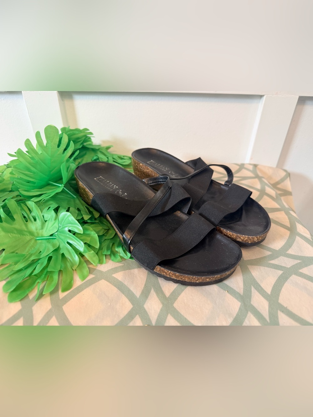 Italian Shoemakers Black Stretch Strap Cork Wedge Sandals